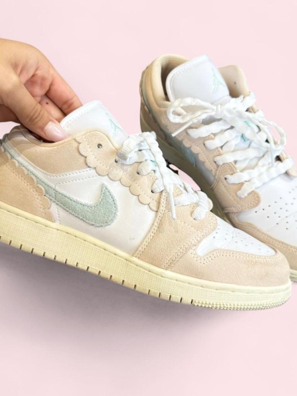 Jordan 1 Low SE pastel pink and sage white trainers scallop girly design